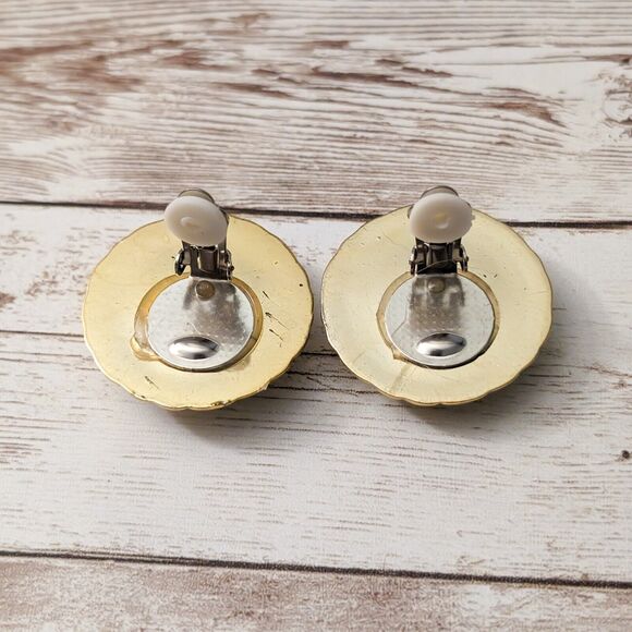 Vintage Clip On Earrings - Orange & Gold Tone Large Statement 1 & 3/8" - Picture 5 of 8